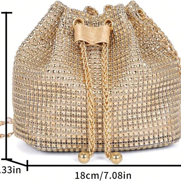 Women's Rhinestone PVC Crossbody Purse Mini Drawstring Bucket Bag for Evening - Picture 3 of 6